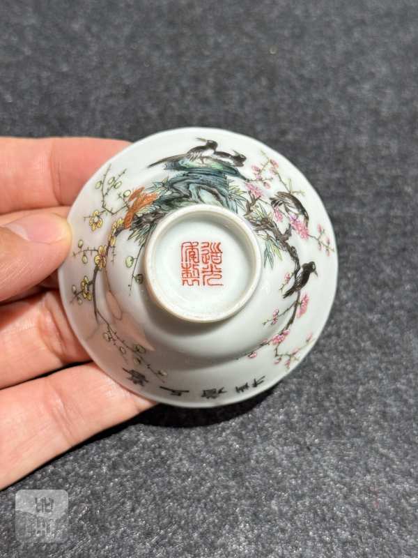 民国 粉彩喜上眉梢图花口杯六只一组 - 图12